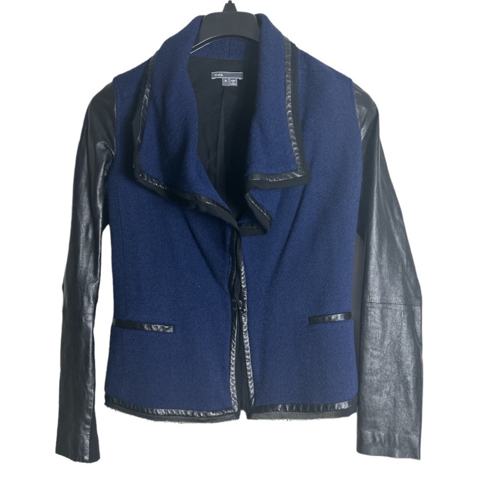 Vince Boucle’ Sweater Jacket with Leather Sleeves and a trim Size 4